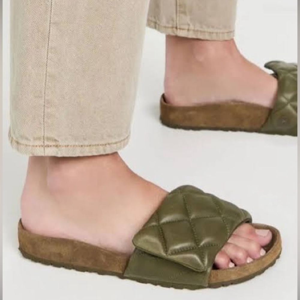 BIRKENSTOCK 1774 Sylt Padded Quilted Leather Olive Green Slides Sandals RARE